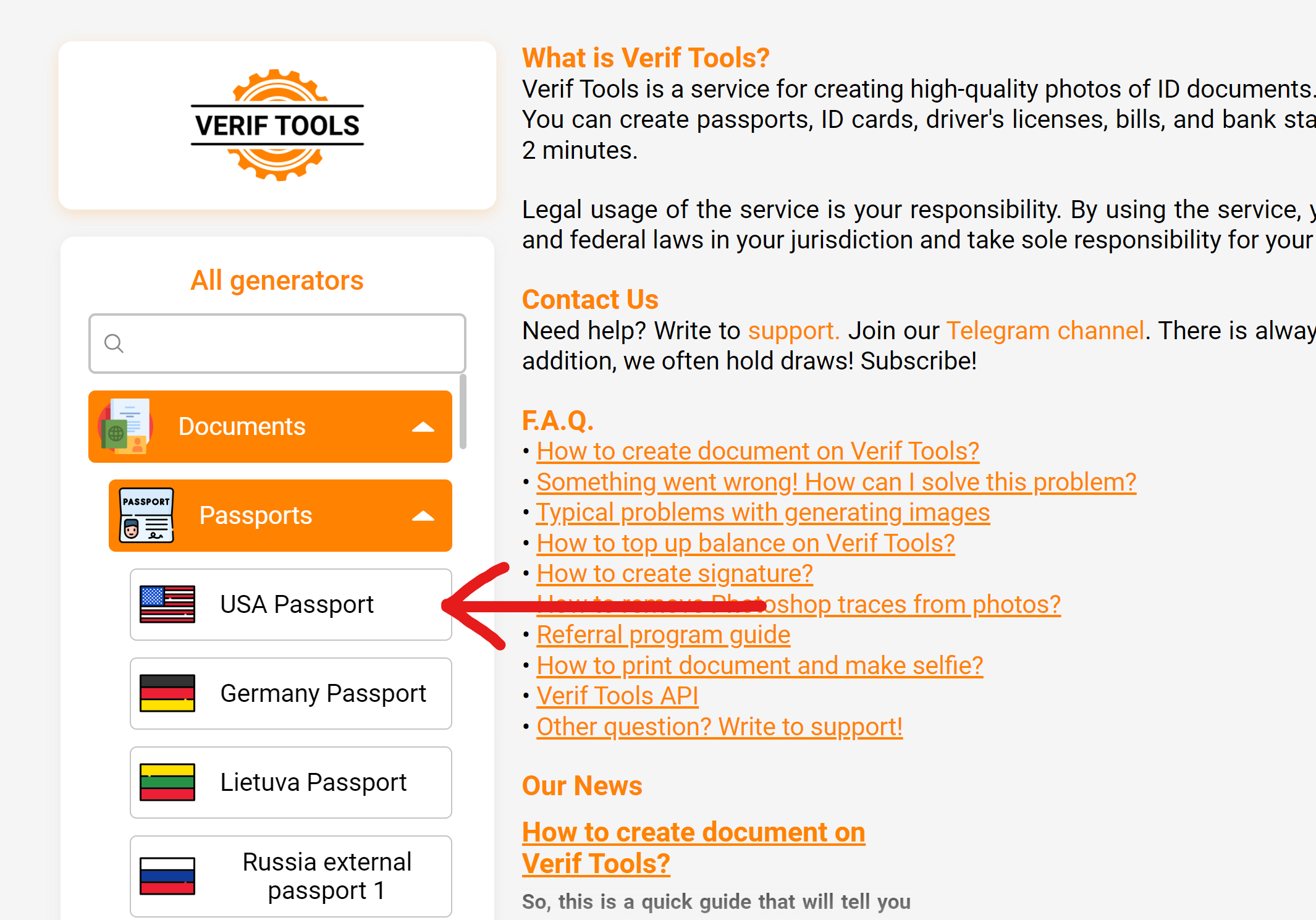 Selecting USA Passport in the left menu