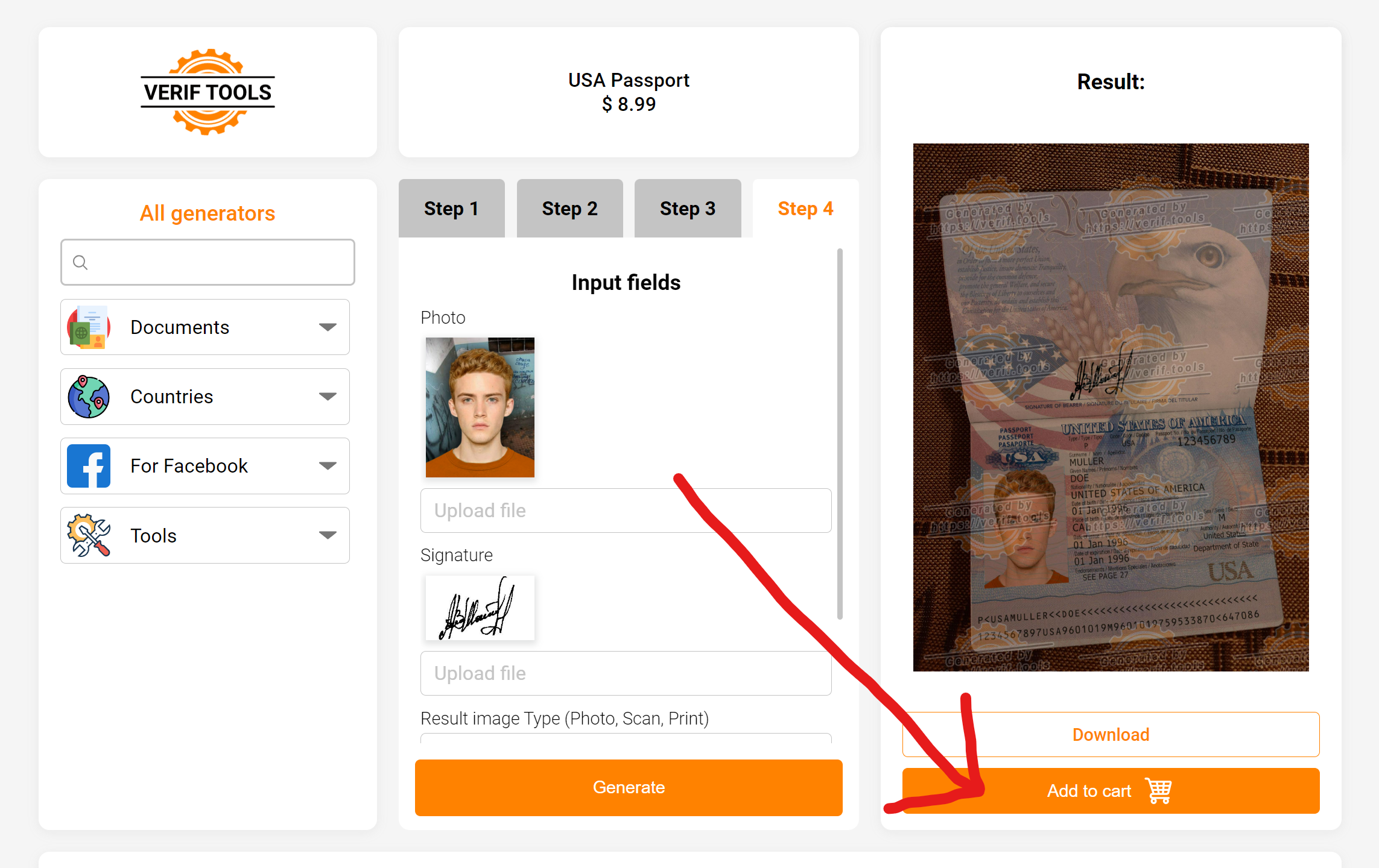 Generated document preview and Add to cart button
